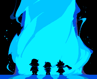 three figures with blue flame pixel art